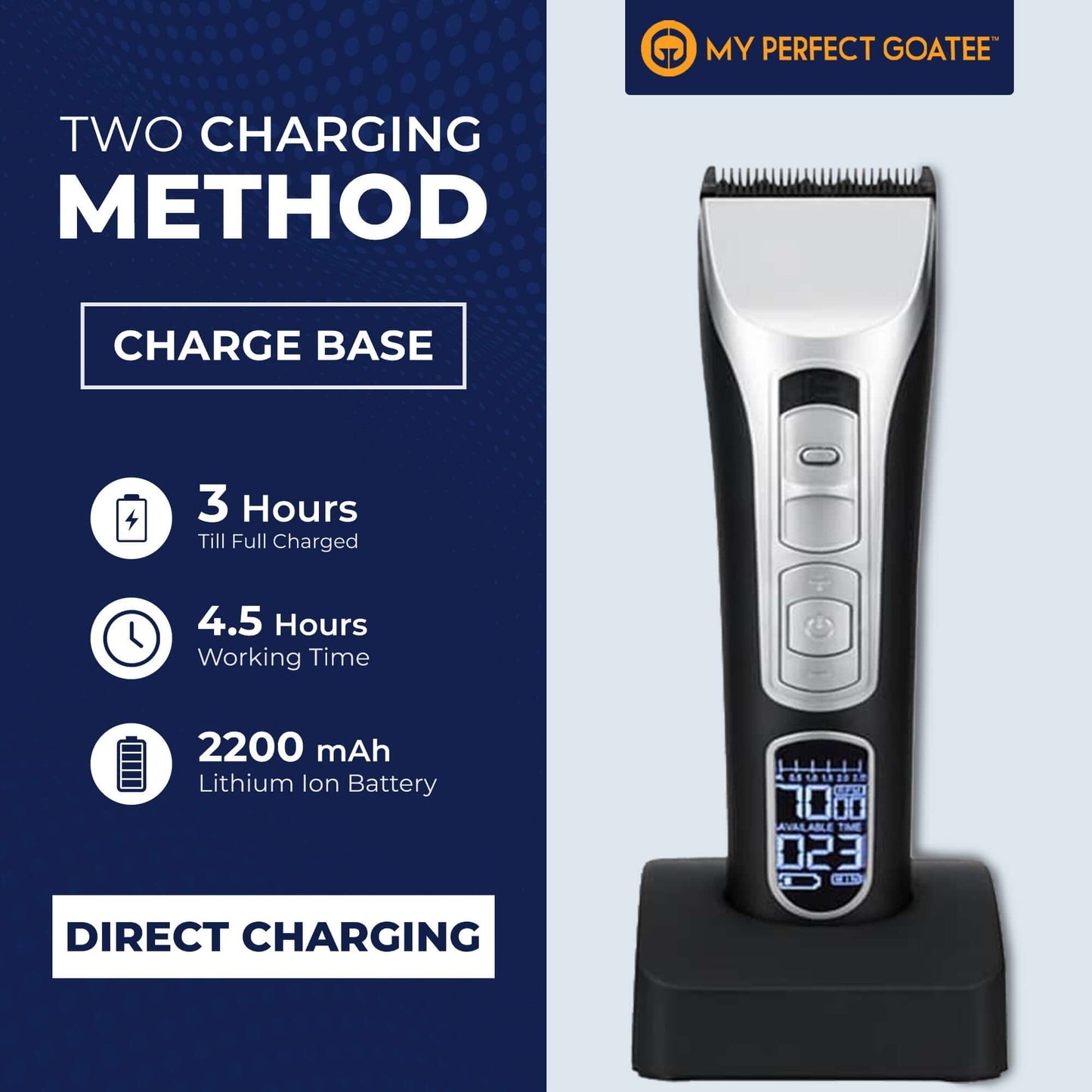 Image of the Trimmer featuring two charging methods and a convenient charging base for flexible usage