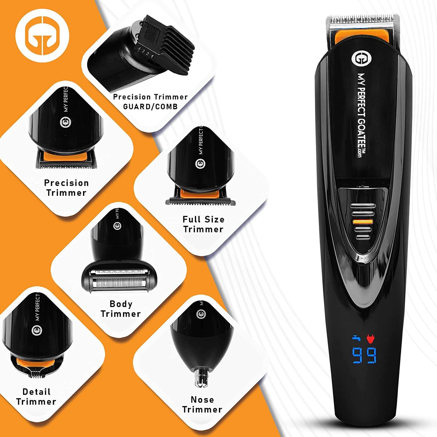 Image of My Perfect Goatee Beard Trimmer and the different attachments there are from this MPG-800S model
