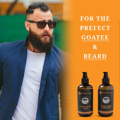 Bottles of Beard Wash and Beard Conditioner for achieving the perfect goatee and beard