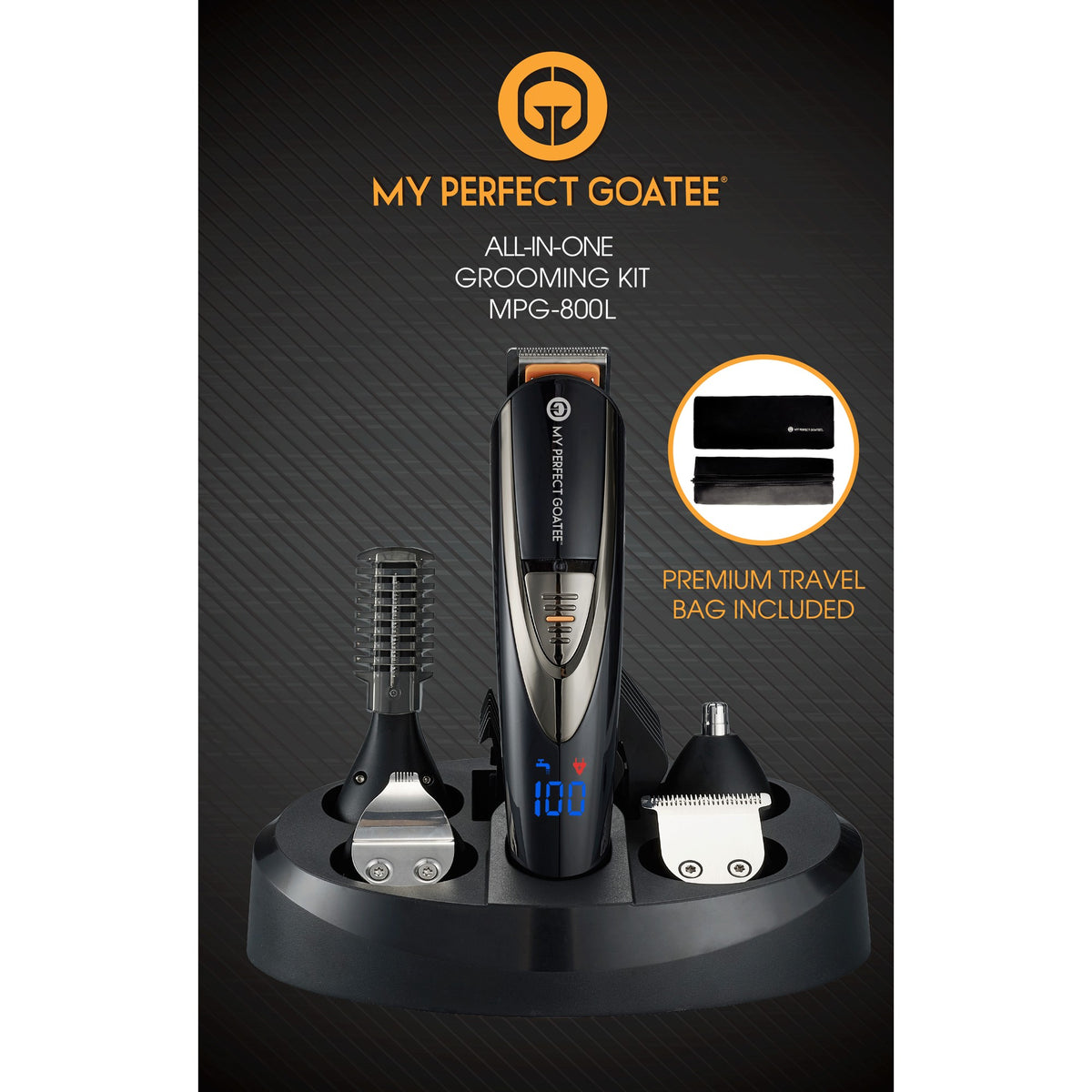 My Perfect Goatee MPG-800L All-in-One Grooming Kit box front with trimmer on charging stand and travel bag