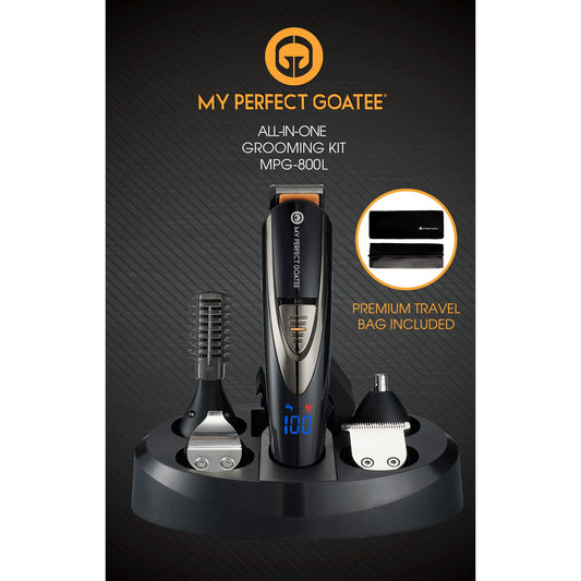 My Perfect Goatee MPG-800L All-in-One Grooming Kit box front with trimmer on charging stand and travel bag