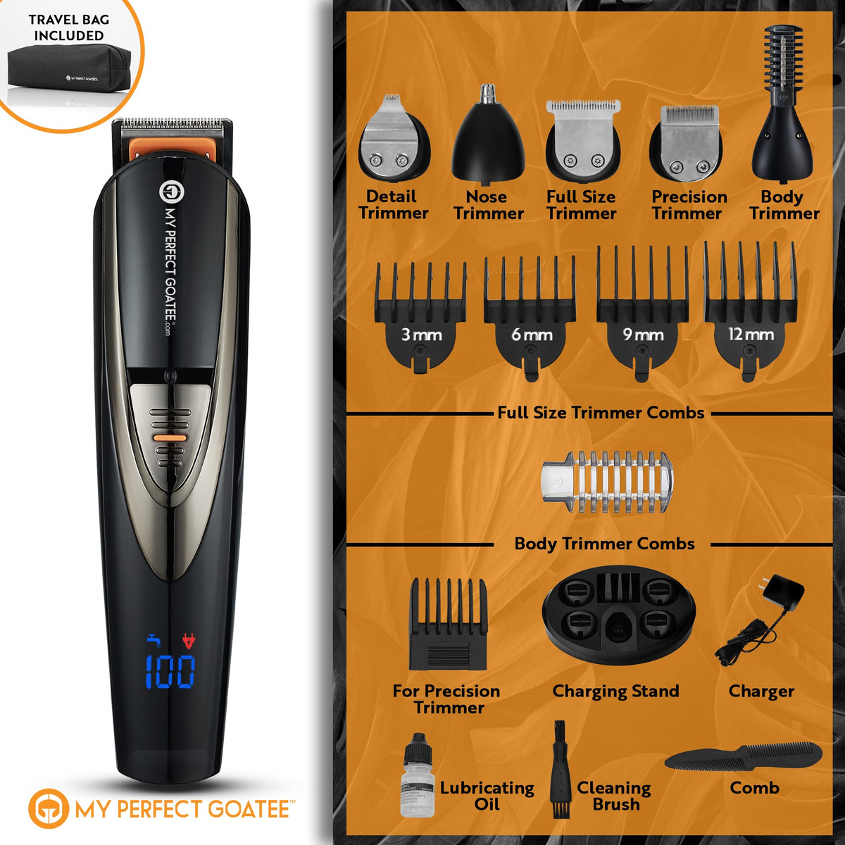 Everything included in the MPG-800L grooming kit: five trimmer heads, combs, charging stand, charger, oil, brush, and travel bag