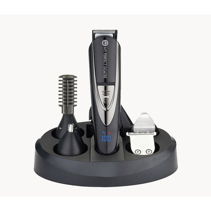 My Perfect Goatee MPG-800L beard trimmer on charging stand with body, nose, and full size trimmer heads