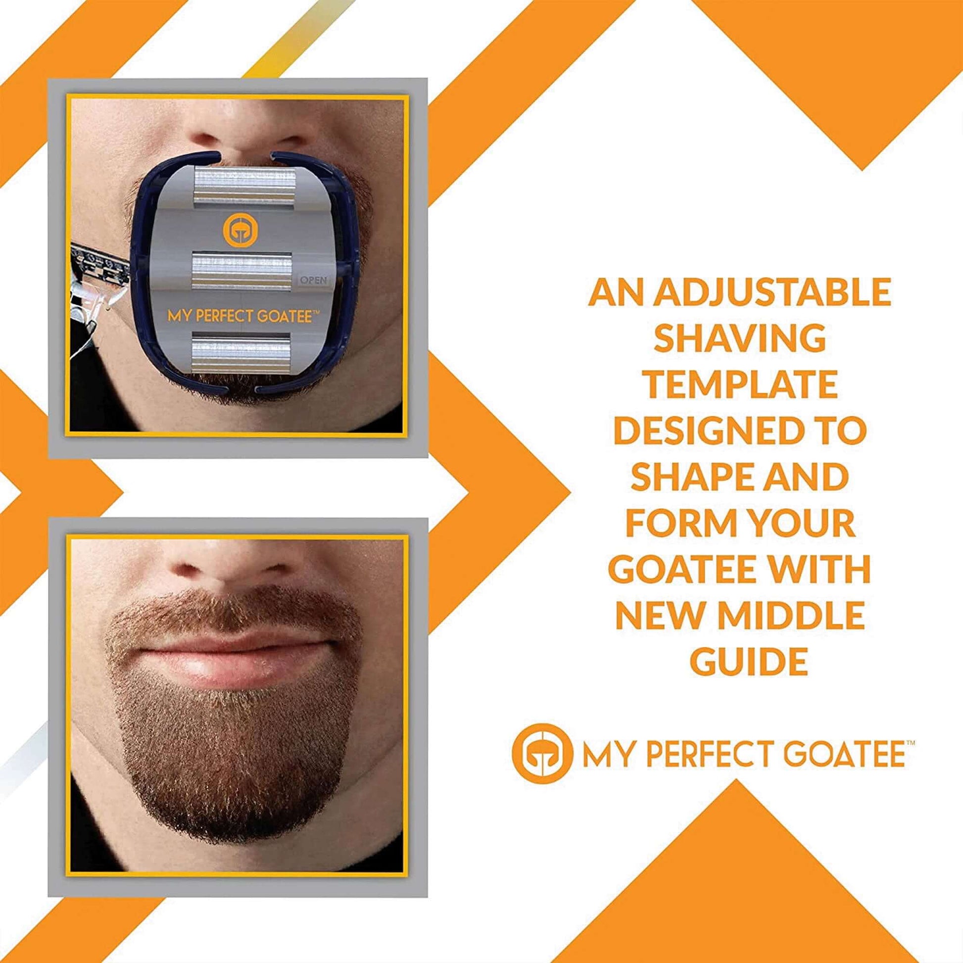An adjustable shaving template designed to shape and form your goatee with new middle guide