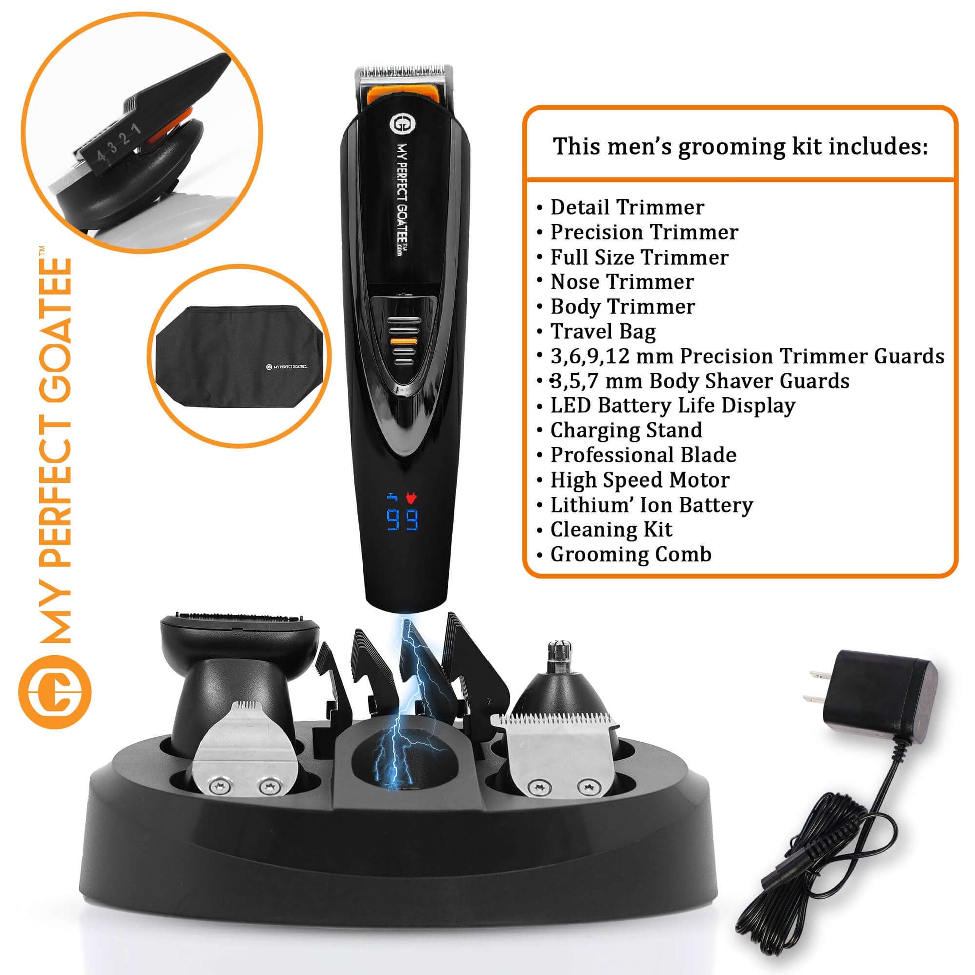 My Perfect Goatee® Beard Trimmer package, highlighting its included contents and features