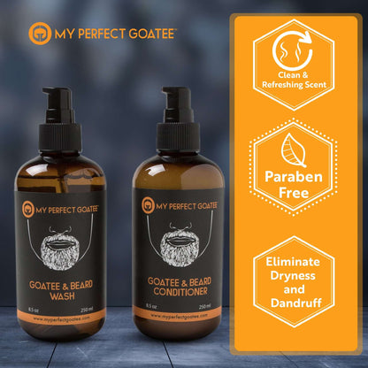 Image showcasing the features of My Perfect Goatee® Beard Wash and Beard Conditioner