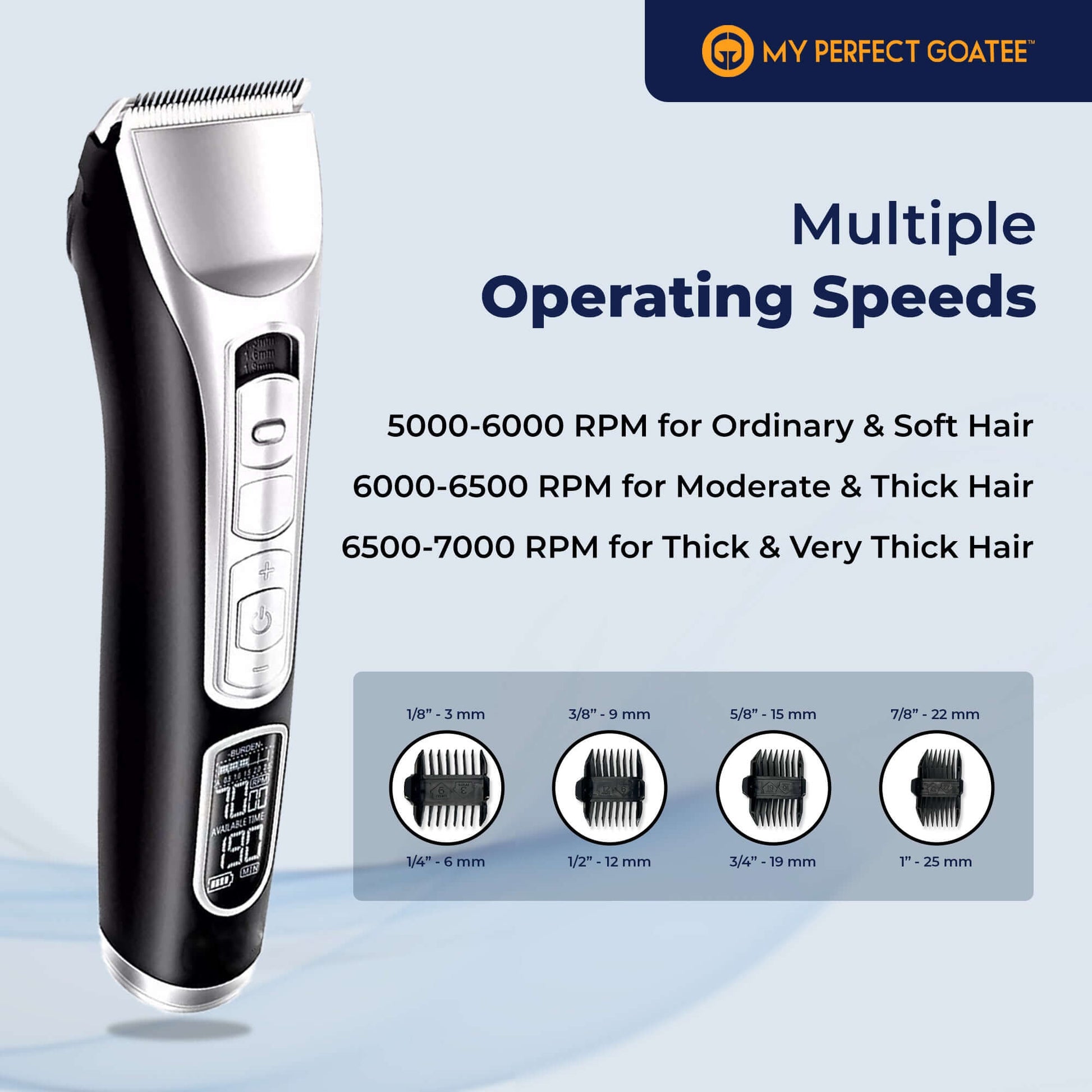 Image illustrating the My Perfect Goatee® Trimmer with multiple operating speeds for versatile grooming control