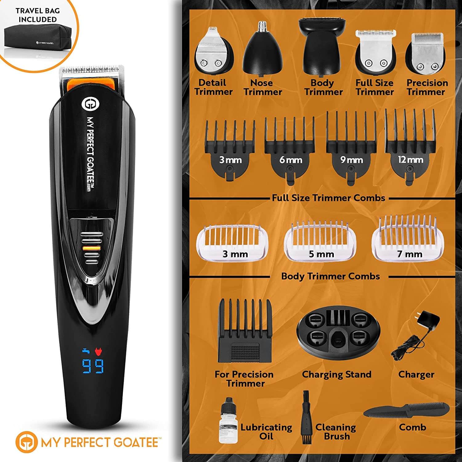 Beard Trimmer MPG-800S showing different attachments that come with this model