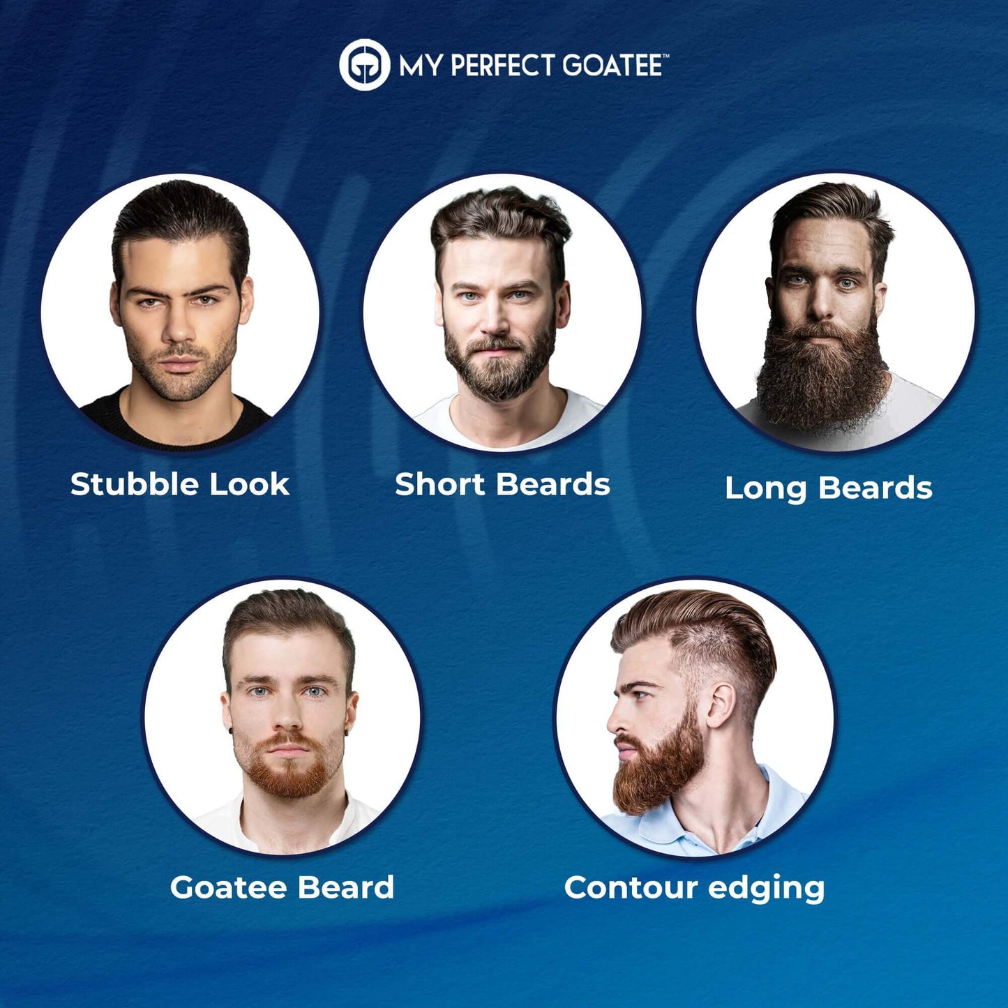 Group of men showcasing various beard looks and styles, expressing individuality and grooming choices